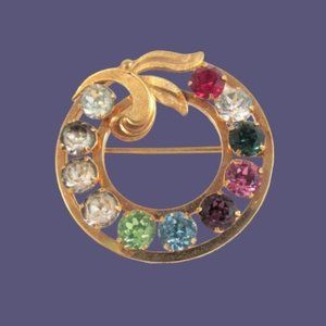 Vintage 12k Gold Filled Colorful Rhinestone Brooch Signed V.D.